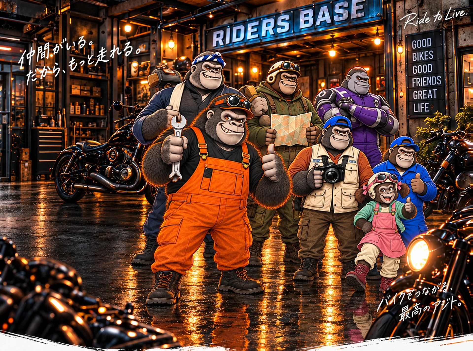 RIDERS BASE のガレージに集まったライダー仲間