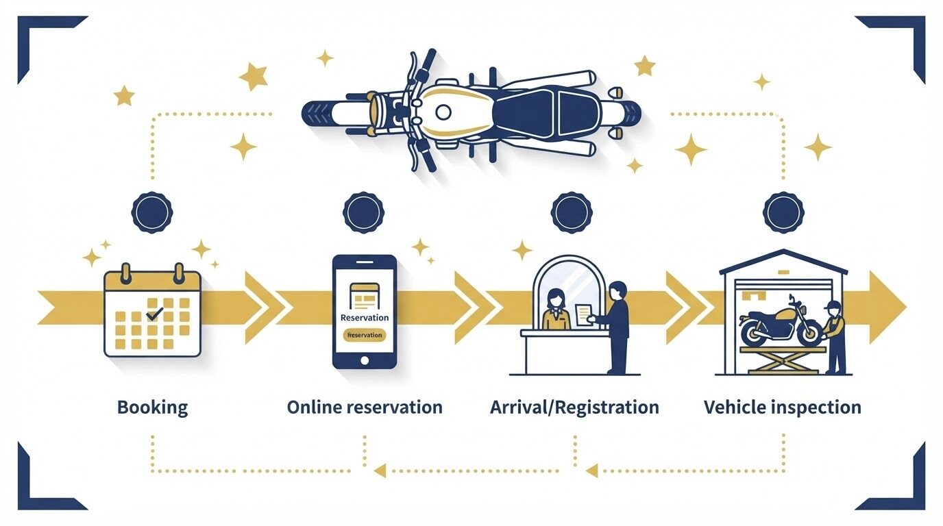 ユーザー車検の予約から当日の流れを示すイラスト