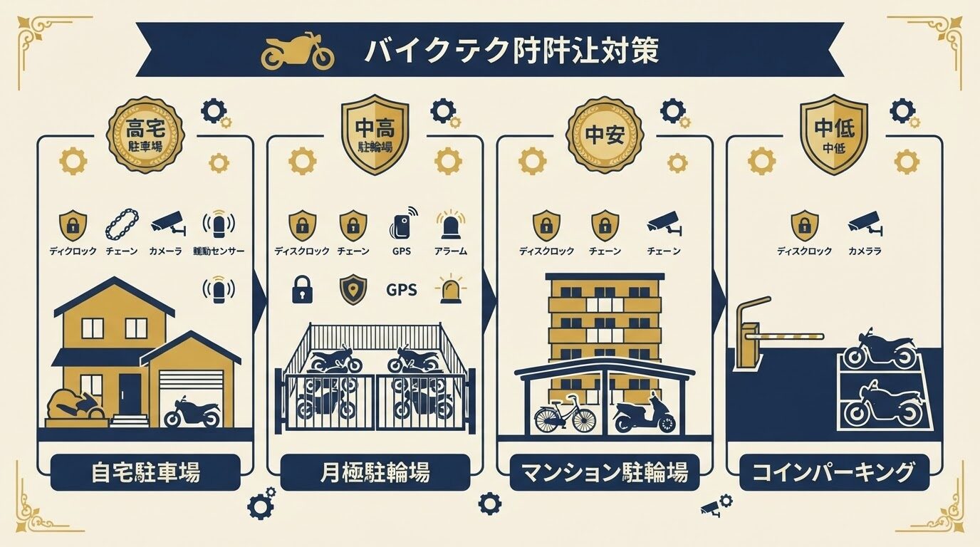 駐輪環境別のバイク盗難対策(自宅駐車場・月極駐輪場・マンション駐輪場・コインパーキング)
