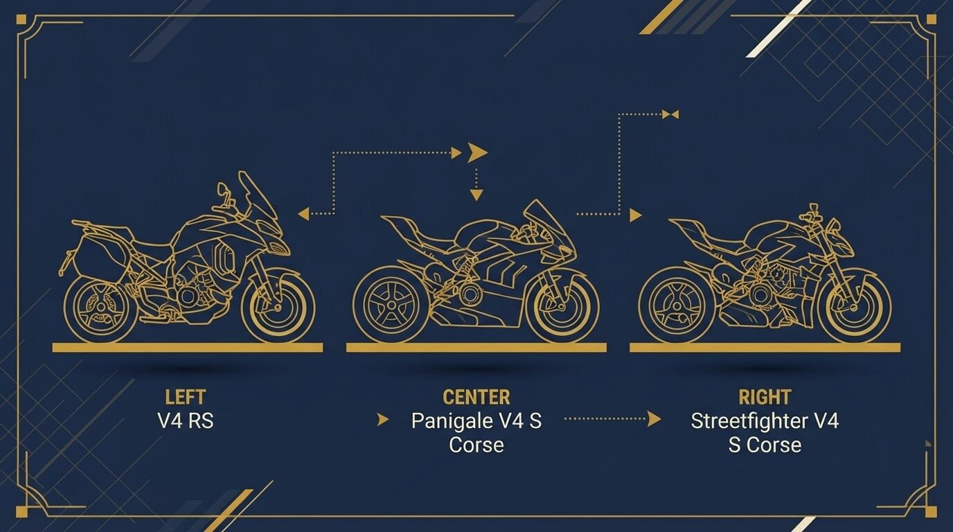 ドゥカティ新型4モデル(V4 Rally・V4 RS・Panigale V4 S Corse・Streetfighter V4 S Corse)の比較イラスト