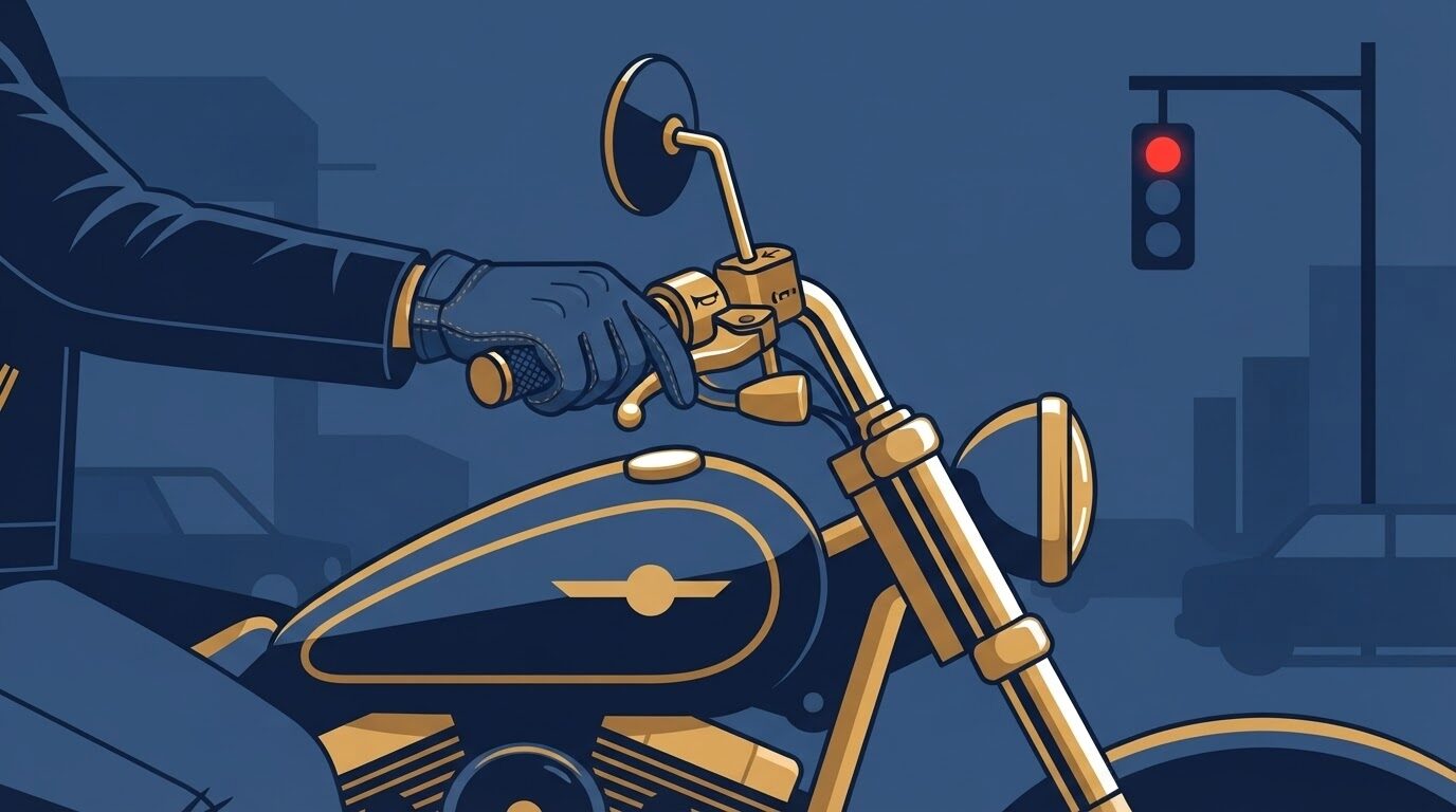 信号待ちでクラッチレバーを握るライダーのイラスト