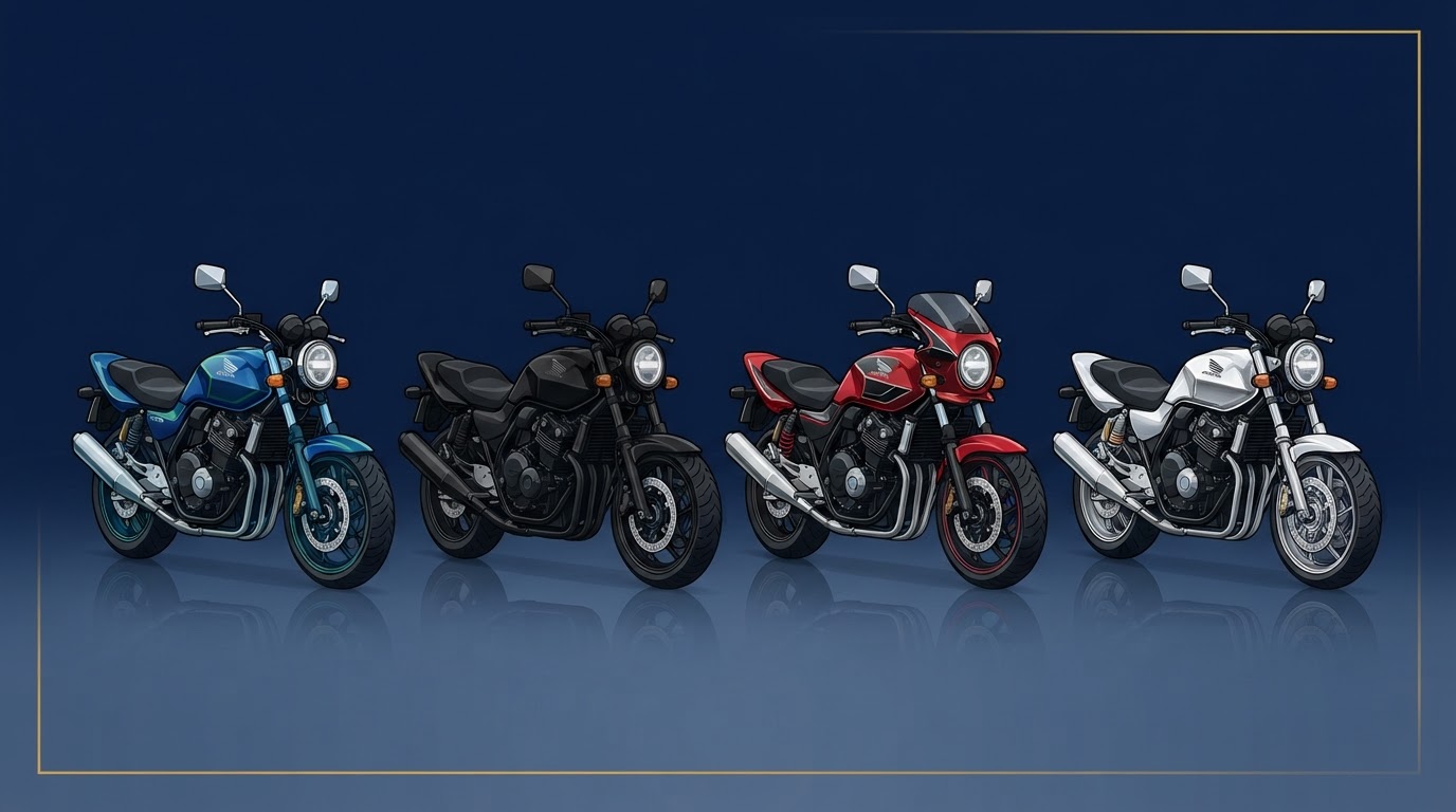 Z900RSの4グレード(STD・Black Ball Edition・CAFE・SE)を並べて比較するイラスト