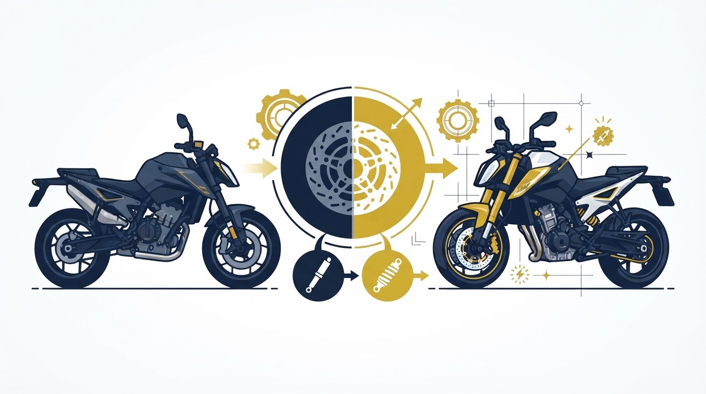KTM 790 DUKE 新型と旧型のブレーキ・サスペンション進化を示すイラスト
