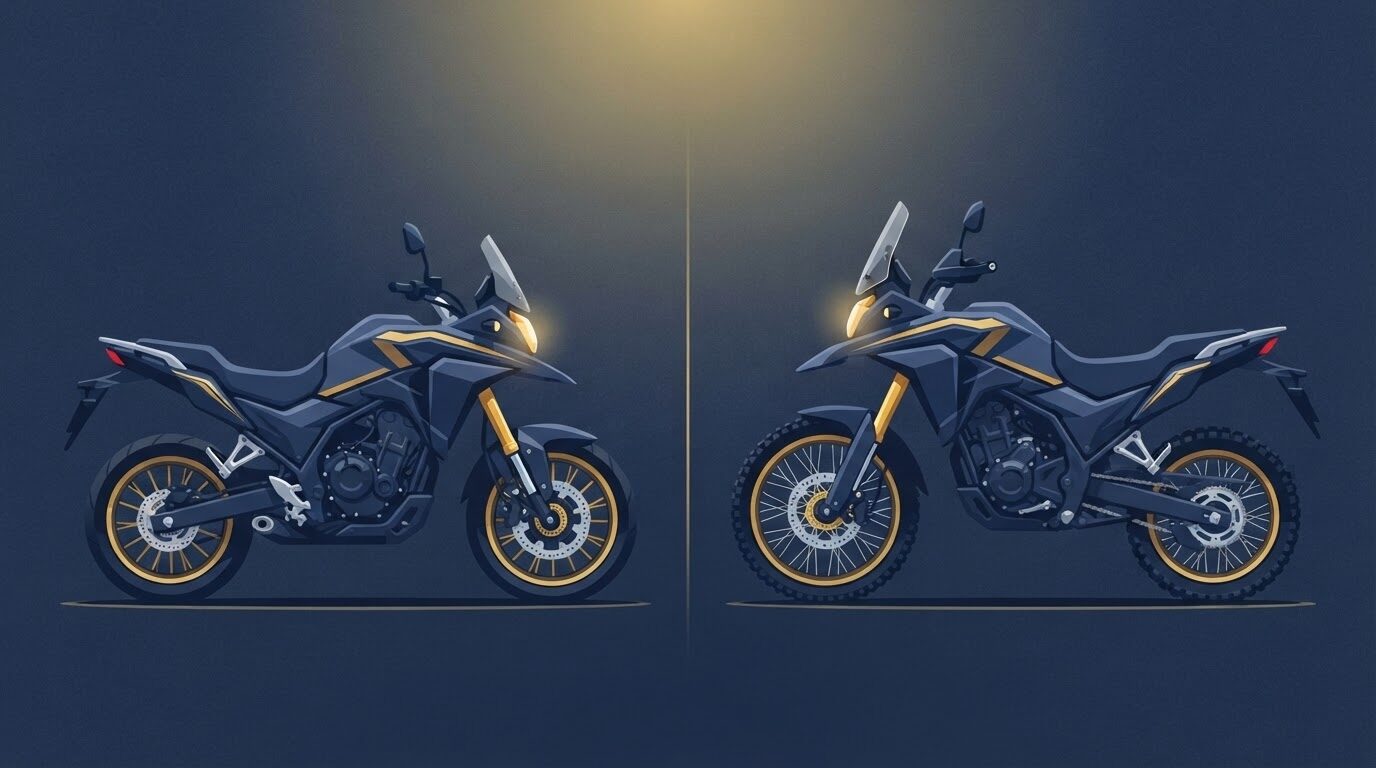 Vストローム250とVストローム250SXの車体の違いを左右に並べて比較したイラスト