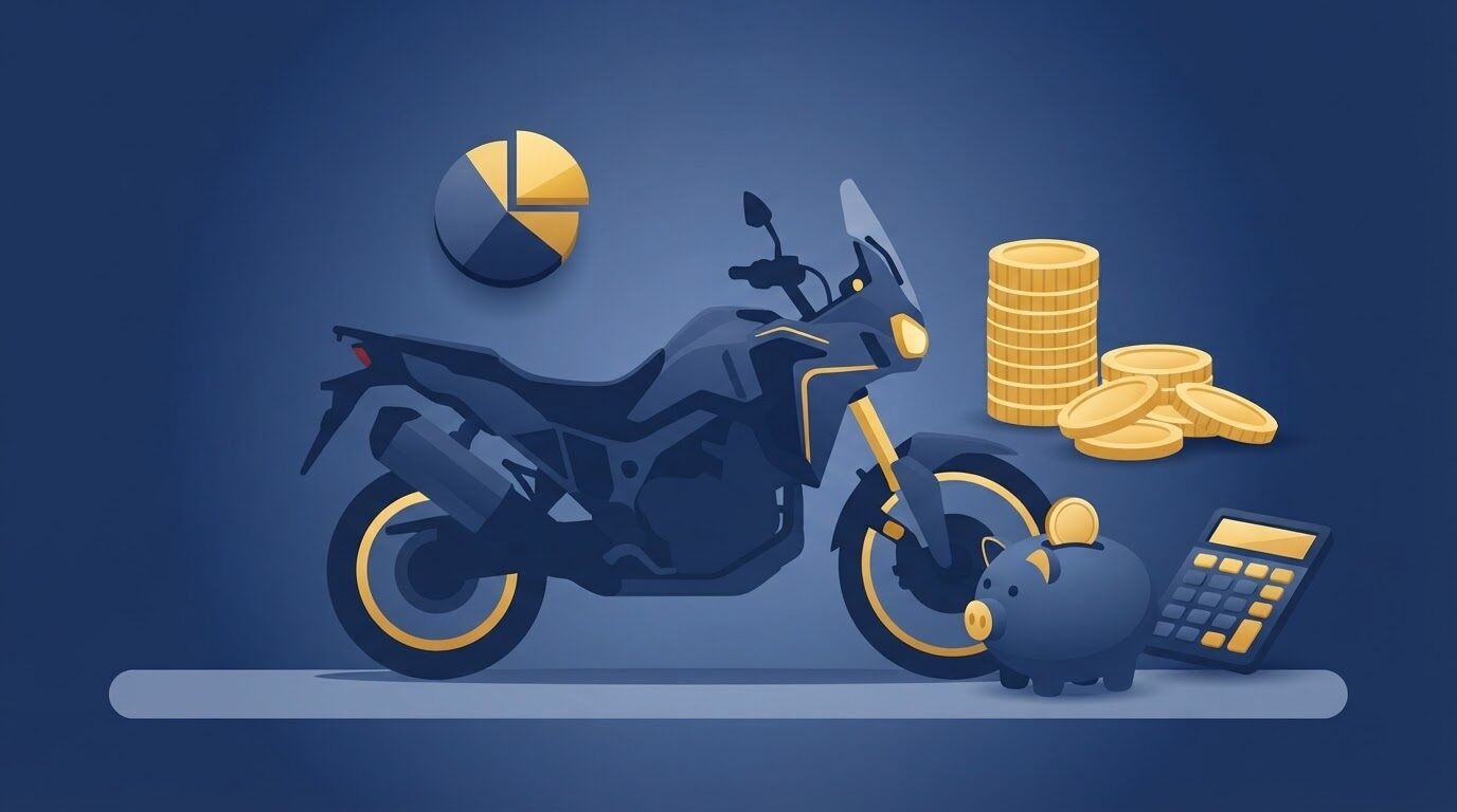 250ccバイクの年間維持費(税金・保険・ガソリン代・メンテナンス費)をコインや貯金箱で表したイラスト